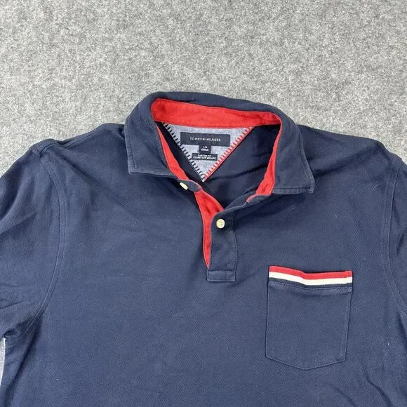 Tommy Hilfiger Polo Shirt Mens Large Navy Red White Colorblock Custom Fit Pocket - Picture 2 of 8